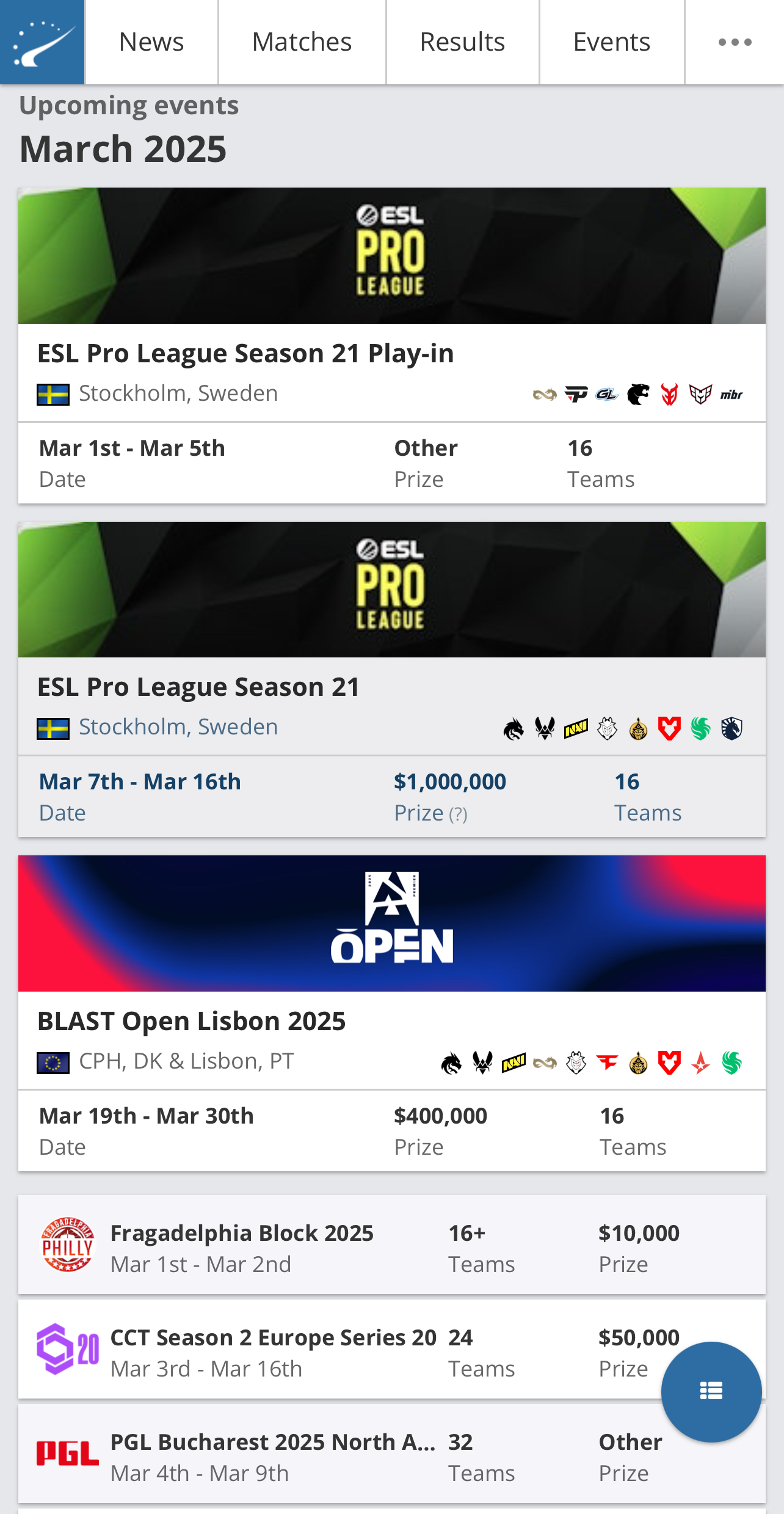 Ближайшие турниры по CS2 на HLTV